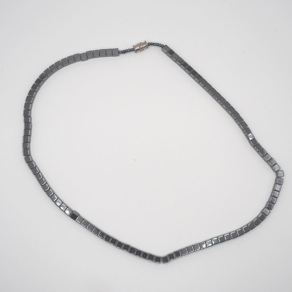Vintage Artisan Hematite Necklace Cube Square Bead Gunmetal Gray Barrel Clasp
